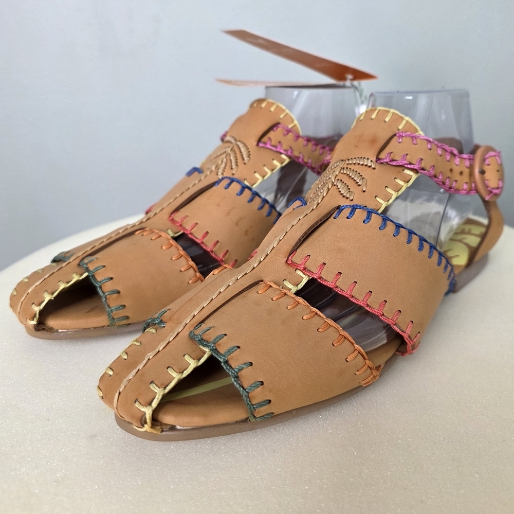 NWT Farm Rio Caramel Tan Whipstitch Fisherman Sandals Palm Tree Adjustable Strap - Picture 9 of 17